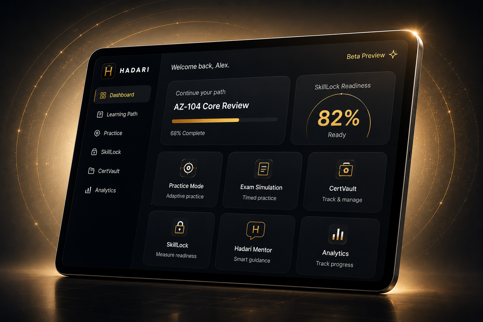 Hadari dashboard preview on a premium tablet device